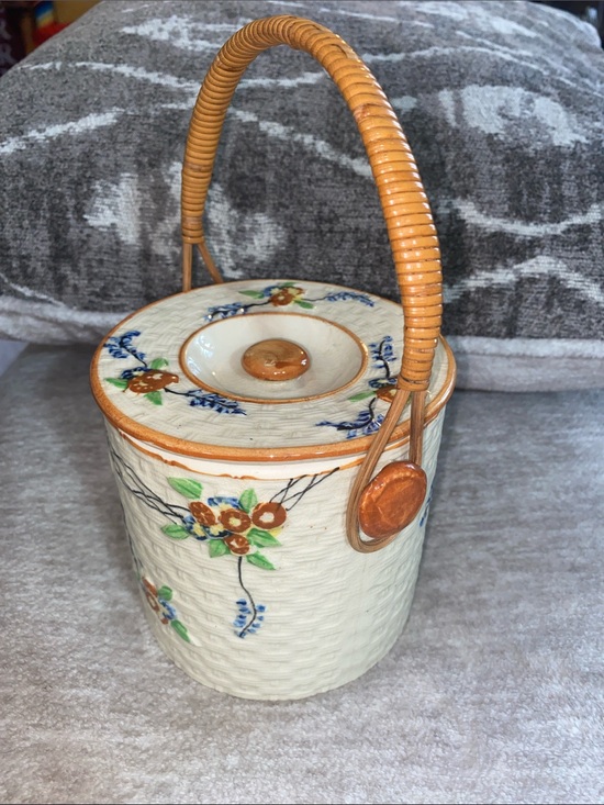 Source Unknown Other - Cream Ceramic Floral Biscuit Jar with Wicker-Style Handle